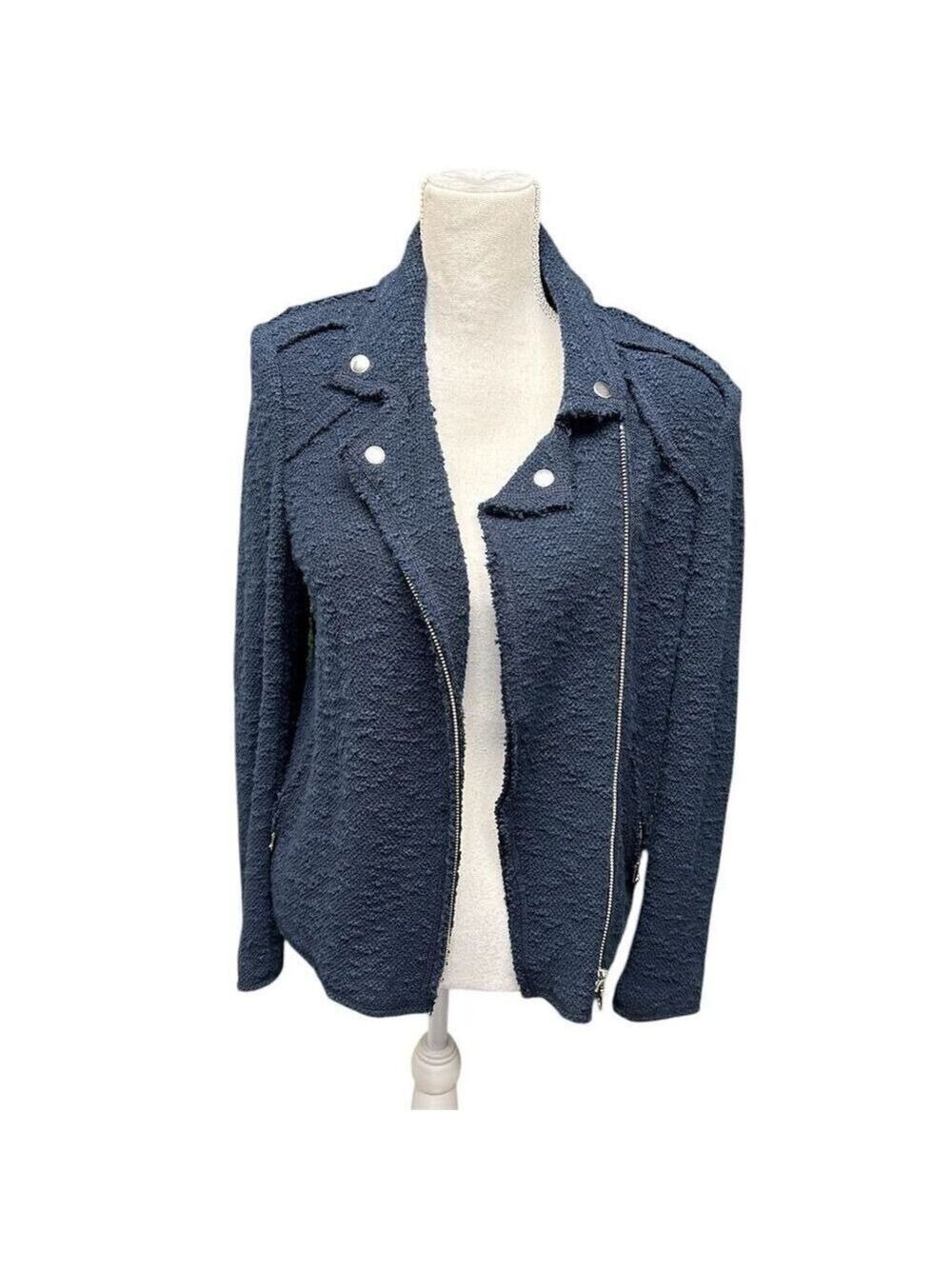 Rebecca Taylor Women's Blue Textured Moto Jacket Fringe Accents Size 12